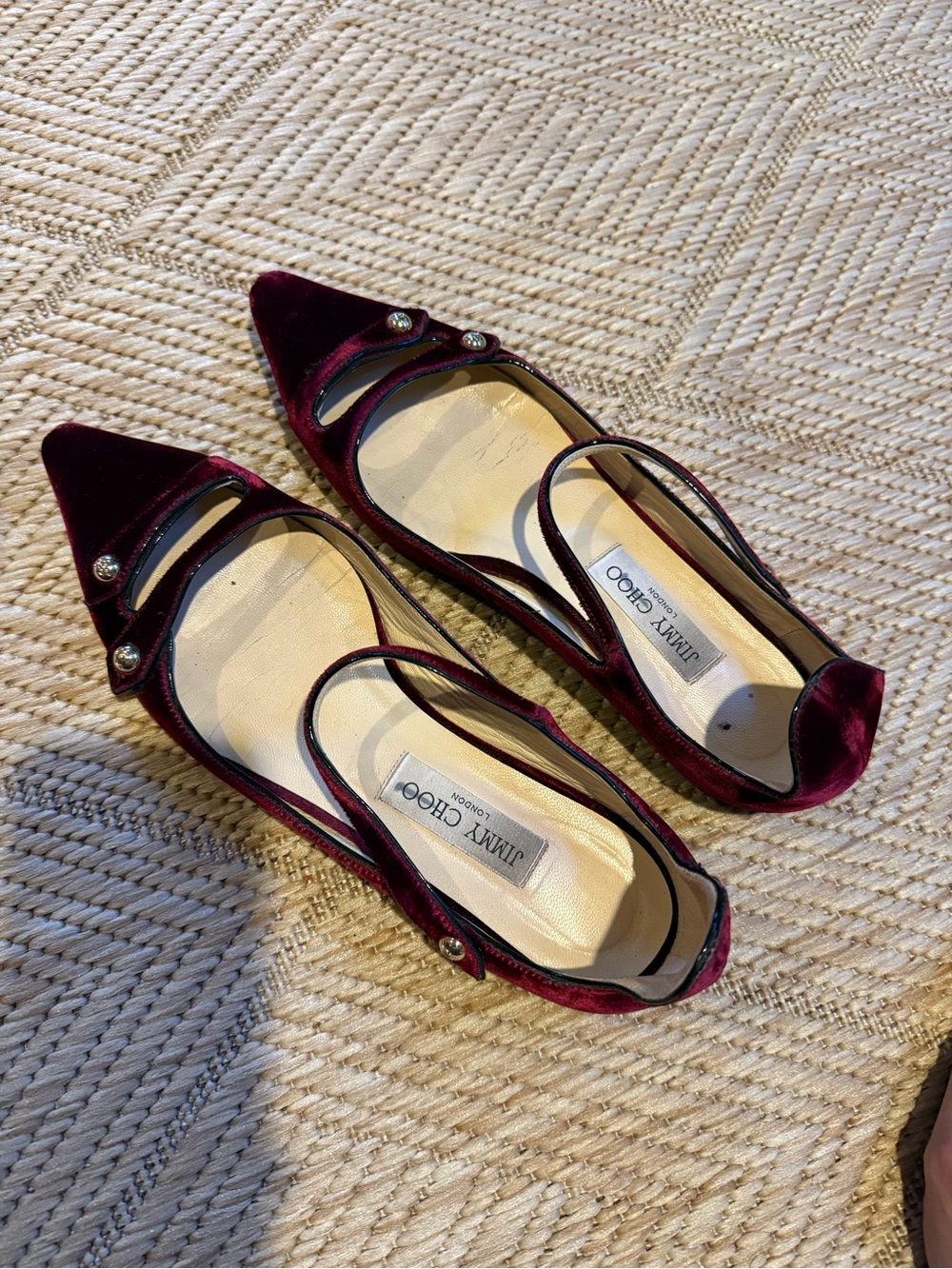 Jimmy Choo size 40 Burgundy Velvet Pointed-Toe Mary Janes with Gold Buttons